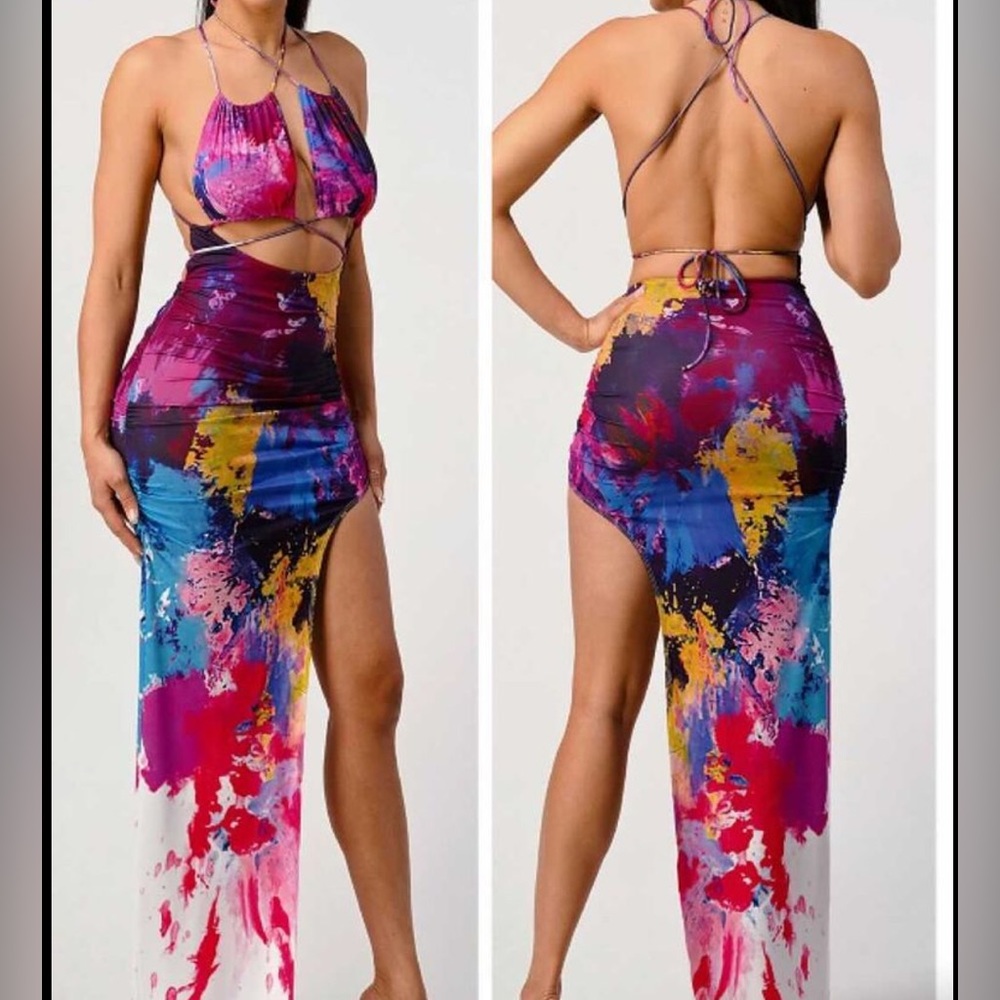 Multicolored Paint Splatter Spaghetti Strap Sundress